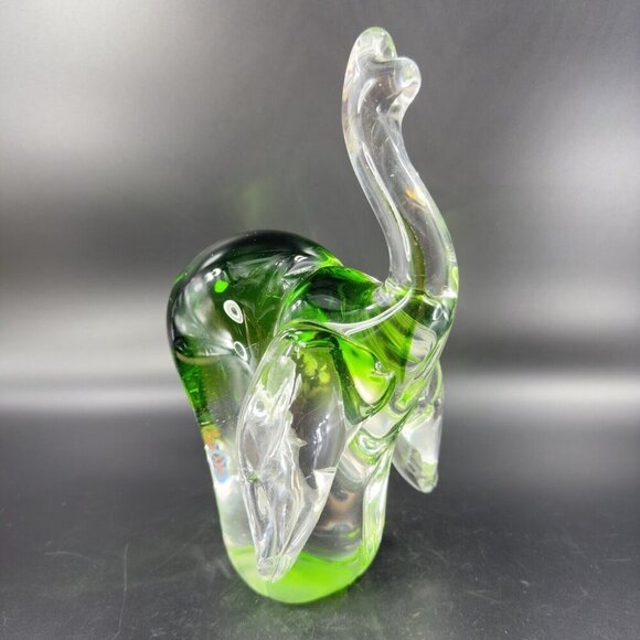 Heavy Glass Elephant Figurine Paperweight With Clear Green Spots Trunk Up Lucky - Picture 14 of 16